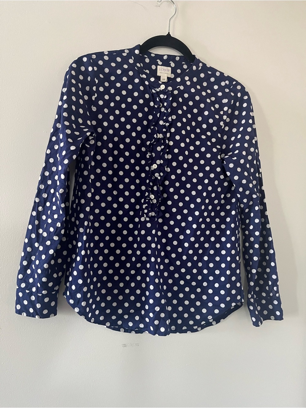 J Crew Navy Blue Polka Dot Button Up Top XS 100% Cotton Office Button Front
